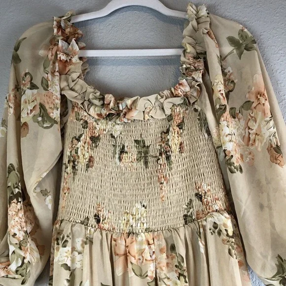 Aakaa Womens Babydoll Maxi Dress Small Floral Smocked Boho Cottagecore Elegant - Picture 6 of 12
